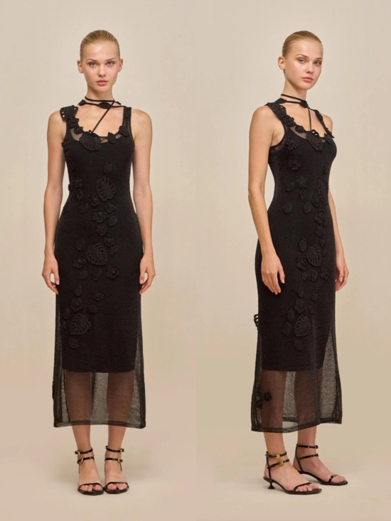 Cult Gaia Pemma Knit Black Floral-Appliqu Sheer-Hem Midi Dress Size XS